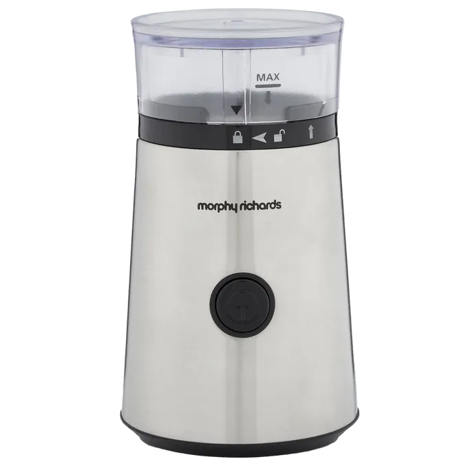 Morphy Richards Brew and Blend electric coffee grinder in stainless steel with transparent top chamber showing MAX fill line, black control band with safety lock and pulse button, and black power button on front base