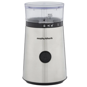 Morphy Richards Brew and Blend electric coffee grinder in stainless steel with transparent top chamber showing MAX fill line, black control band with safety lock and pulse button, and black power button on front base