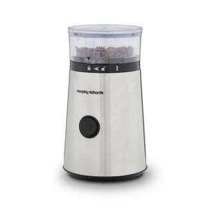 Morphy Richards Brew and Blend electric coffee grinder in white and stainless steel with black control band and transparent grinding chamber showing coffee beans and MAX fill line