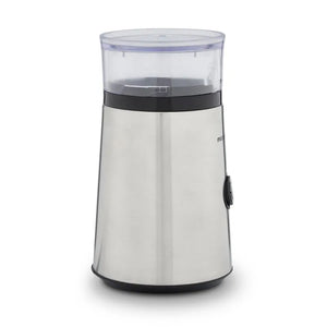 Morphy Richards Brew and Blend electric coffee grinder in stainless steel with black accents, featuring a transparent upper chamber and conical burr mechanism visible through clear plastic top