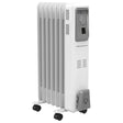 Winterwarm 2kW white oil-filled radiator with thermostat control panel, vertical ribbed design, and castors on white background