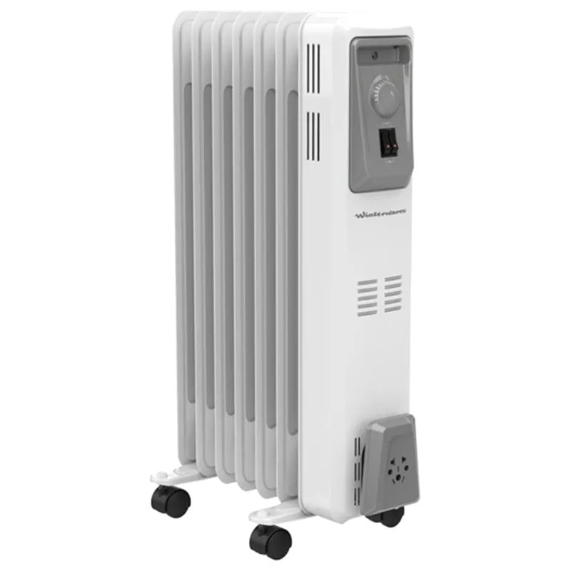 Winterwarm 2kW white oil-filled radiator with thermostat control panel, vertical ribbed design, and castors on white background
