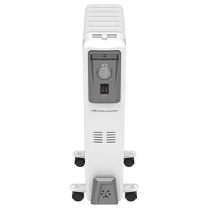 White 2kW oil-filled radiator with thermostat control dial, power switch, ventilation grilles and four black castors by Winterwarm
