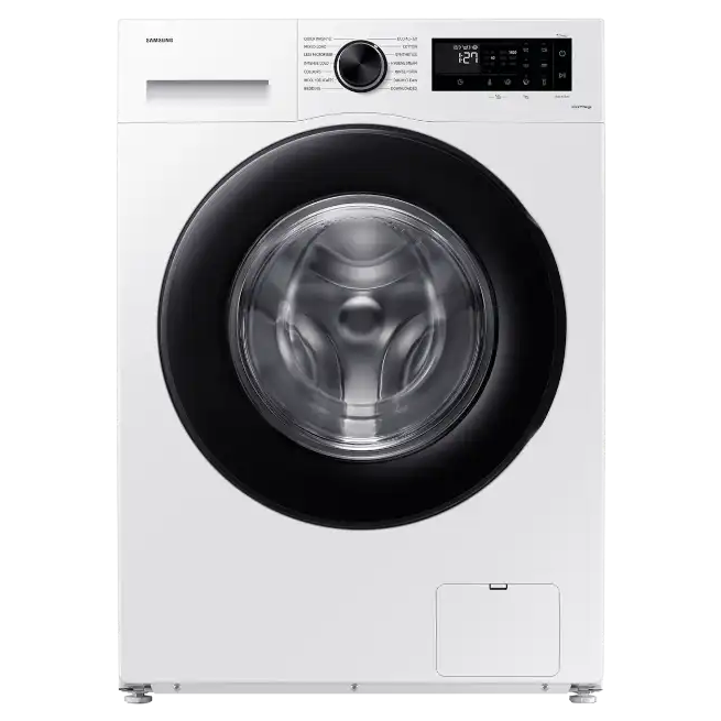 Samsung Series 5 white front-load washing machine with 9kg capacity, 1400 spin speed, black circular door frame, digital display panel and control knob on white body