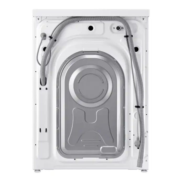 Top-down view of Samsung Series 5 white washing machine showing open drum door with gray interior, visible hoses and mechanical components
