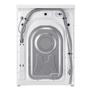 Top-down view of Samsung Series 5 white washing machine showing open drum door with gray interior, visible hoses and mechanical components