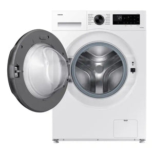 Samsung Series 5 white front-load washing machine with 9kg capacity and 1400 spin speed, door open showing stainless steel drum, digital display and control panel visible on top