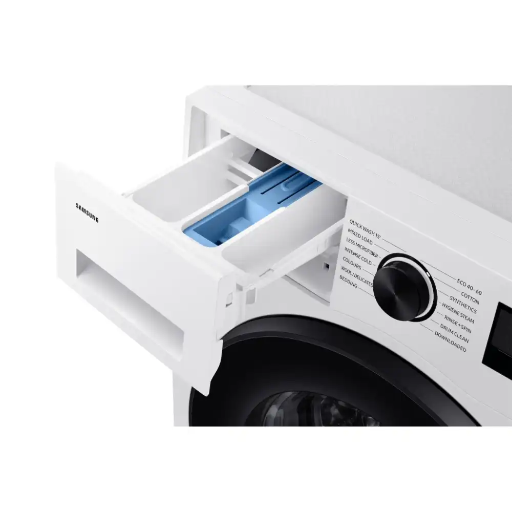 Samsung Series 5 white washing machine with open detergent dispenser drawer showing blue liquid detergent compartment and control dial