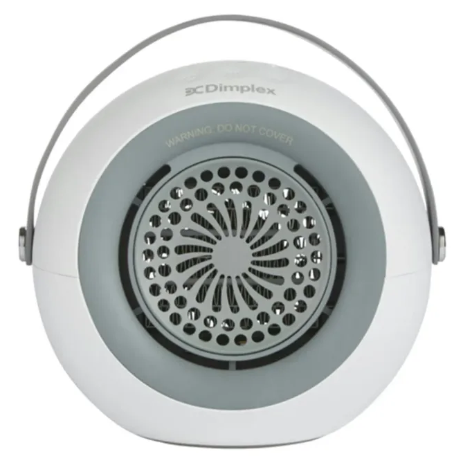 Dimplex 400w Desktop Ceramic Fan Heater DDF390G in white with grey accents, featuring a circular design with perforated metal grille and carrying handles