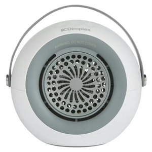 Dimplex 400w Desktop Ceramic Fan Heater DDF390G in white with grey accents, featuring a circular design with perforated metal grille and carrying handles