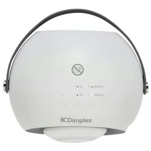Dimplex DDF390G white ceramic desktop fan heater with black carrying handle and control indicators showing temperature settings