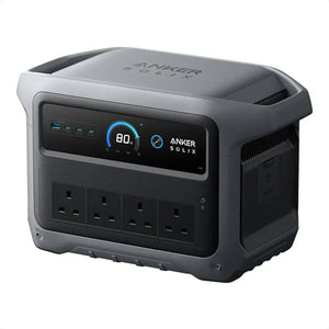 Anker Solix C1000 Gen2 portable power station with gray and black design, featuring digital display showing 80% battery level, multiple AC outlets on front panel, and ventilation grilles on sides