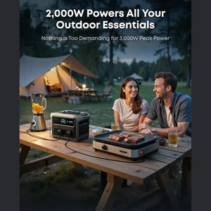 Couple enjoying outdoor camping meal powered by Anker Solix C1000 portable power station with blender and portable grill on wooden table, illuminated tent in background at dusk