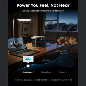Anker Solix C1000 Gen 2 portable power station displayed on wooden desk in living room showing noise level comparison chart at 20dB during discharge under 200W, with laptop, desk lamp, and dog nearby