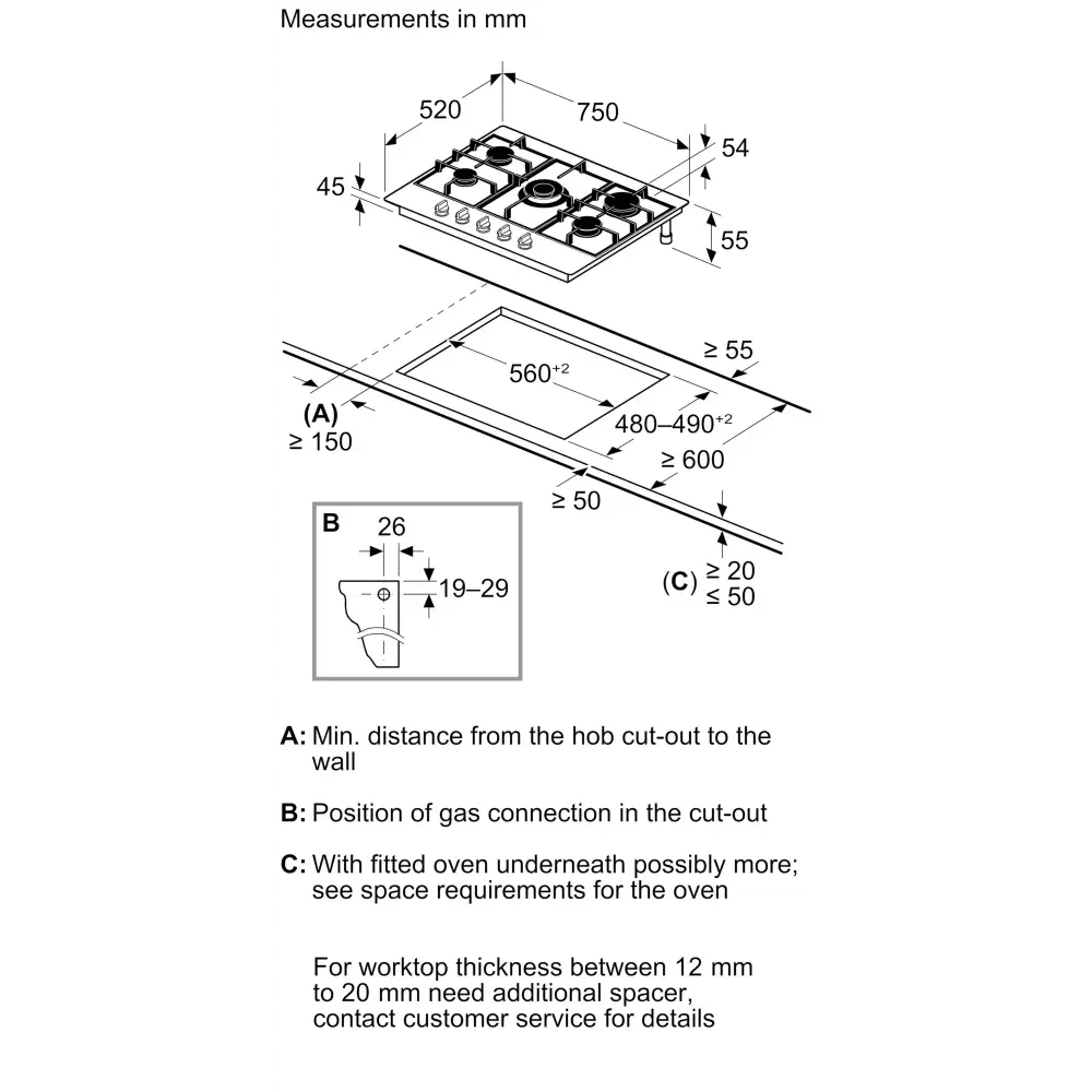 Bosch Series 4 75 cm Gas Hob - Stainless Steel | PGQ7B5K90