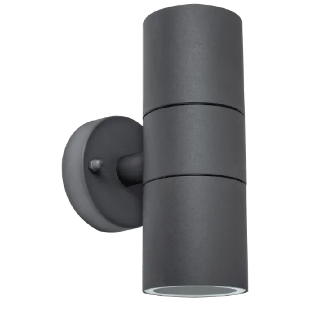 Luceco Azurar slate grey stainless steel outdoor wall light with cylindrical design and downward-facing beam opening