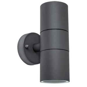 Luceco Azurar slate grey stainless steel outdoor wall light with cylindrical design and downward-facing beam opening