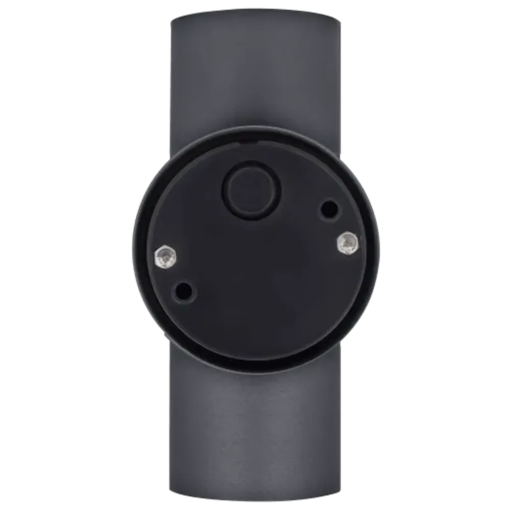 Luceco Azurar slate grey stainless steel outdoor decorative external wall light with circular face and mounting bracket shown from front view