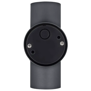 Luceco Azurar slate grey stainless steel outdoor decorative external wall light with circular face and mounting bracket shown from front view