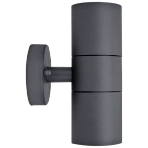 Luceco Azurar slate grey stainless steel outdoor wall light with cylindrical design and circular mounting bracket shown against white background