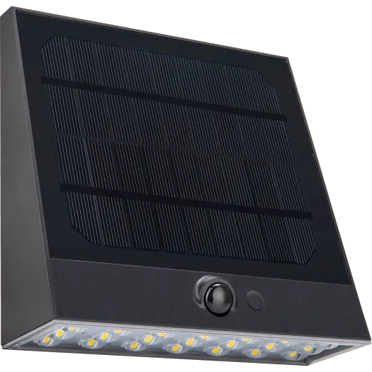 Black solar-powered outdoor wall light with integrated LED panel and motion sensor, featuring dark grey casing and crystalline solar panel on angled top surface