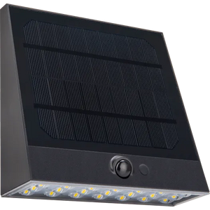Black solar-powered outdoor wall light with integrated LED panel and motion sensor, featuring dark grey casing and crystalline solar panel on angled top surface