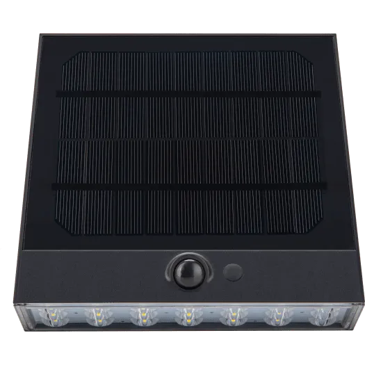 Black Luceco Stealth solar wall light with integrated solar panel on top, control button and indicator light, featuring six LED lights along the bottom edge, displayed against white background