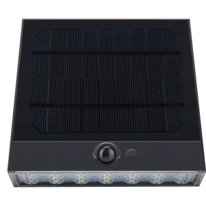 Black Luceco Stealth solar wall light with integrated solar panel on top, control button and indicator light, featuring six LED lights along the bottom edge, displayed against white background