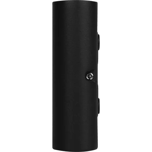 Black cylindrical outdoor LED up and down wall light with mounting brackets on sides, modern minimalist design