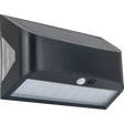 Black solar-powered LED wall light with PIR motion sensor, featuring rectangular design with integrated LED panel and mounting bracket