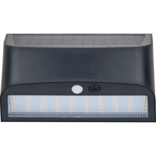 Black outdoor solar LED wall light with PIR motion sensor, featuring bright LED panel with warm white lights, mounted on dark grey casing with small sensor button visible