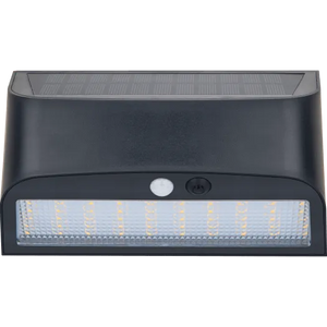 Black outdoor solar LED wall light with PIR motion sensor, featuring bright LED panel with warm white lights, mounted on dark grey casing with small sensor button visible