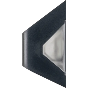 Luceco Prysm black outdoor LED solar wall light with PIR sensor showing frosted white lens detail and modern angular design