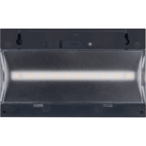 Luceco Prysm black outdoor LED solar wall light with PIR motion sensor, showing front view with transparent diffuser panel and mounting hardware visible