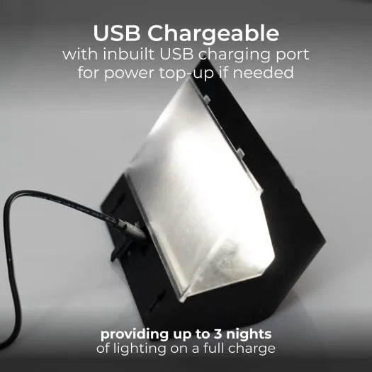 USB chargeable portable LED lantern with black exterior and white diffused light panel, featuring built-in USB charging port for power top-up, providing up to 3 nights of lighting on full charge