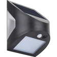 Luceco Prysm black outdoor LED solar wall light with integrated PIR motion sensor and bright LED panel, mounted on white background