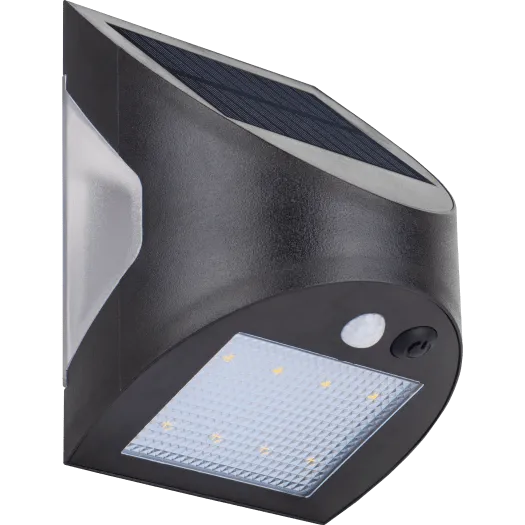 Luceco Prysm black outdoor LED solar wall light with integrated PIR motion sensor and bright LED panel, mounted on white background
