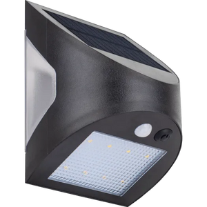 Luceco Prysm black outdoor LED solar wall light with integrated PIR motion sensor and bright LED panel, mounted on white background
