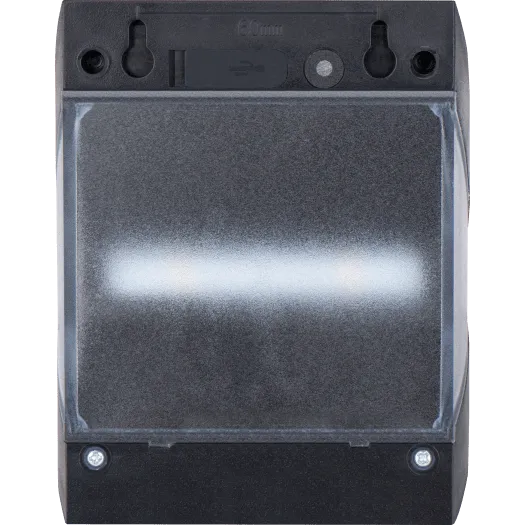 Luceco Prysm black outdoor LED solar wall light with PIR sensor showing metallic grey front panel and control buttons on top
