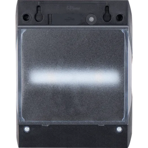 Luceco Prysm black outdoor LED solar wall light with PIR sensor showing metallic grey front panel and control buttons on top