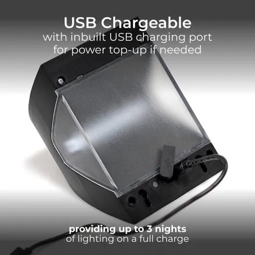 USB rechargeable black outdoor LED solar wall light with PIR sensor showing transparent charging panel and inbuilt USB port, providing up to 3 nights of lighting on full charge