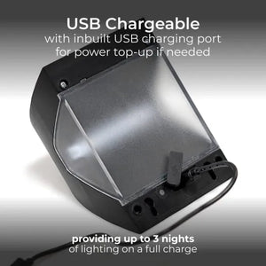 USB rechargeable black outdoor LED solar wall light with PIR sensor showing transparent charging panel and inbuilt USB port, providing up to 3 nights of lighting on full charge
