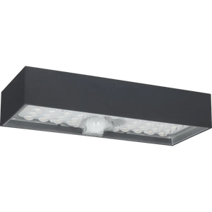 Luceco slate grey solar brick light with PIR sensor and LED lighting mounted horizontally against white background