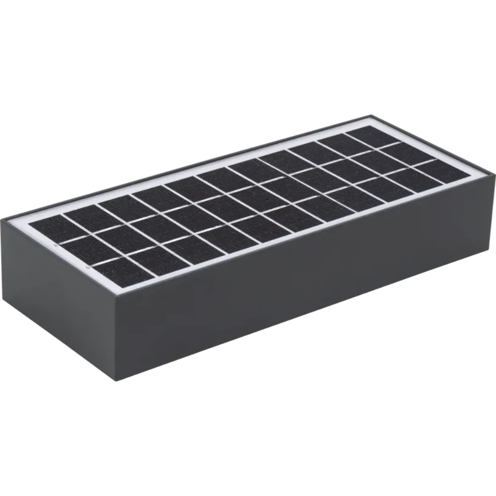 Luceco decorative solar brick light with PIR sensor in slate grey featuring integrated photovoltaic panel on top and modern rectangular design