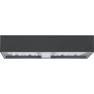 Luceco slate grey decorative solar brick light with PIR motion sensor showing dual LED light panels mounted on dark grey housing viewed from above