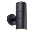 Black stainless steel cylindrical up down wall light with circular mounting plate and dual light openings at top and bottom
