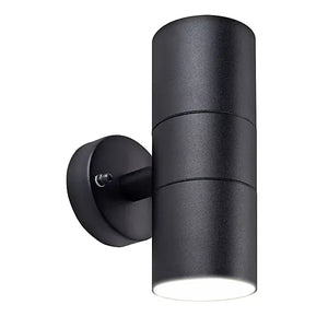 Black stainless steel cylindrical up down wall light with circular mounting plate and dual light openings at top and bottom