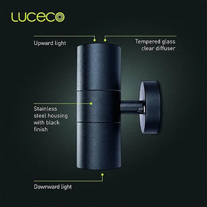 Luceco Azurar black stainless steel up and down external wall light with tempered glass diffuser showing upward and downward lighting design and mounting bracket