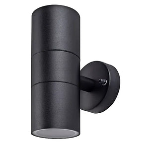 Black stainless steel cylindrical up down wall light with circular mounting bracket and dual light apertures on white background