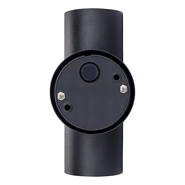 Black stainless steel cylindrical up down wall light with circular mounting plate and adjustable beam direction